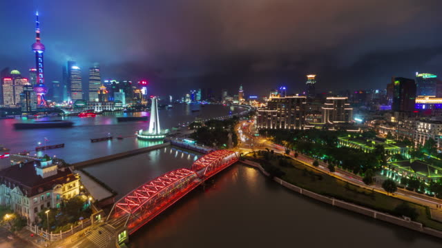 China-shanghai-Nacht-Stadtbild-Innenstadt-Fluss-Bucht-Dach-Top-Panorama-4k-Zeitraffer