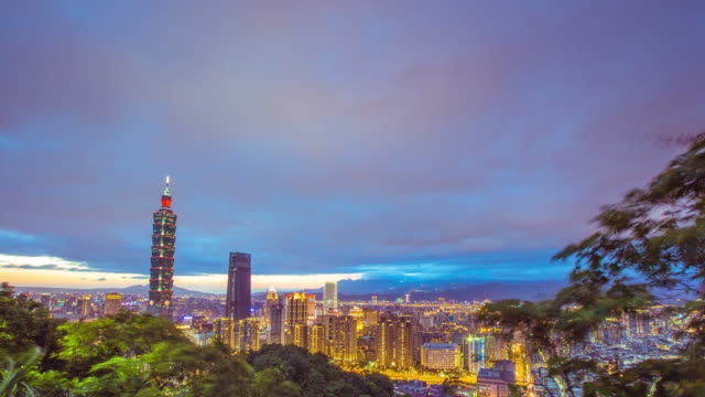 Zeitraffer---Skyline-von-Taipei,-Taiwan-Taipei-101-und-Wolkengebilde-in-der-Dämmerung---4K