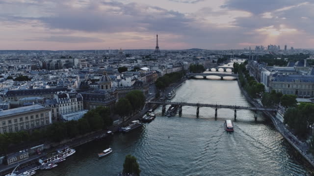 Paris-aerial-Seine-river-sunset-France