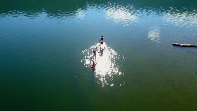 Paar-auf-Stand-up-Paddle-Board-Rudern-im-Fluss-4k