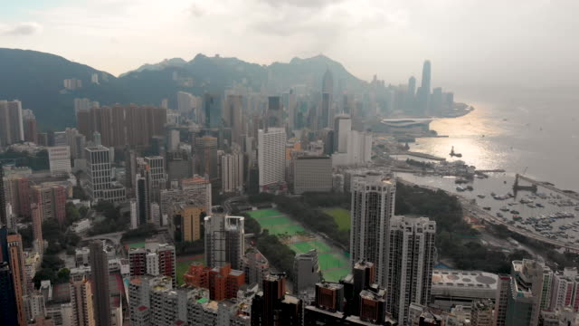 Aerial-panning-shot-of-Hong-Kong-island