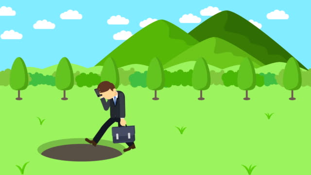 Business-man-fall-into-the-hole.-Background-of-mountains.-Risk-concept.-Loop-illustration-in-flat-style.