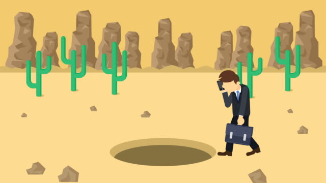 Business-man-jump-over-the-hole.-Background-of-desert.-Risk-concept.-Loop-illustration-in-flat-style.