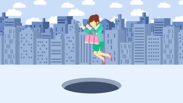 Business-woman-jump-over-the-hole.-Background-of-buildings.-Risk-concept.-Loop-illustration-in-flat-style.