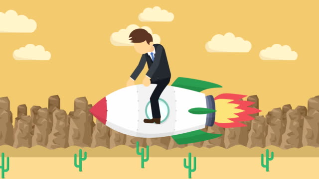 Business-man-flying-on-rocket-through-the-desert.-Leap-concept.-Loop-illustration-in-flat-style.