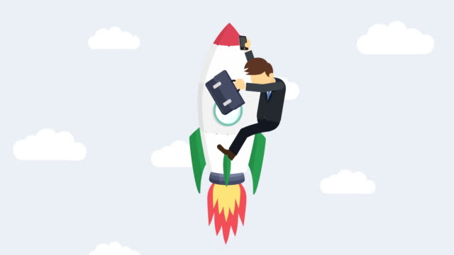 Business-man-flying-on-rocket-through-cloud-sky.-Leap-concept.-Loop-illustration-in-flat-style.