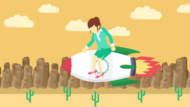 Business-woman-flying-on-rocket-through-the-desert.-Leap-concept.-Loop-illustration-in-flat-style.