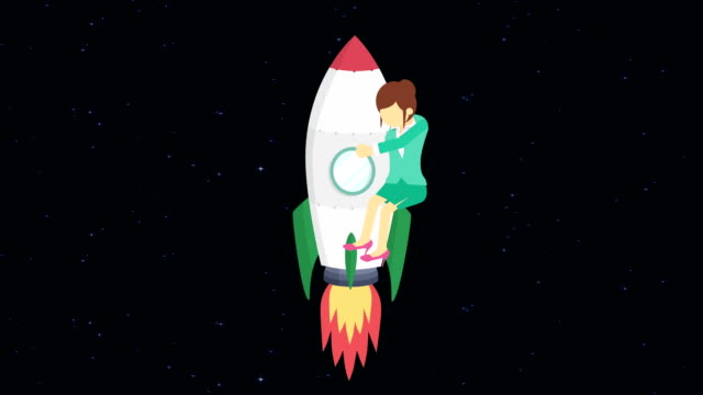 Business-woman-flying-on-rocket-through-the-space.-Leap-concept.-Loop-illustration-in-flat-style.