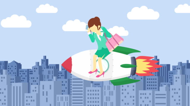 Business-woman-flying-on-rocket-through-the-buildings.-Leap-concept.-Loop-illustration-in-flat-style.