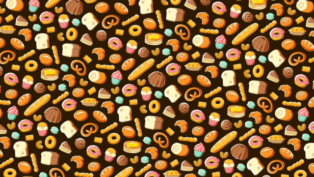 Bäckerei-bewegen-drehen-Muster-Hintergrund-Cartoon-Handzeichnung-Abbildung-isoliert-auf-braunem-Hintergrund-nahtlose-Schleife-Animation-4K