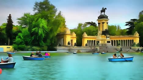 Tourists-and-citizens-relax-and-swim-in-boats-in-the-park-of-Buen-Retiro-in-Madrid.