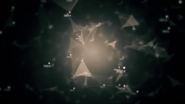 Abstract-computer-generated-seamless-loop,-geometrical-motion-from-chaotic-slow-moving-dots-lines-triangles-random-numbers-background.