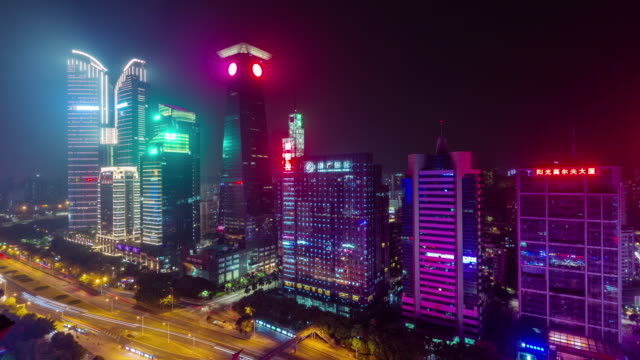 China-gefärbt-Nacht-Licht-Shenzhen-Stadt-Block-Dach-Top-Straße-Panorama-4k-Zeitraffer