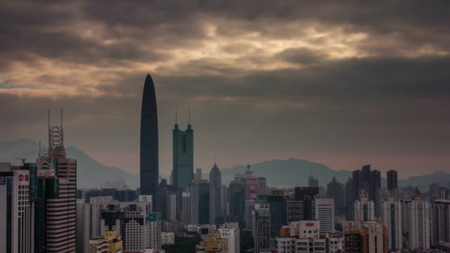 China-Sonnenuntergang-Himmel-Shenzhen-Stadt-Dach-Top-Panorama-4k-Zeitraffer