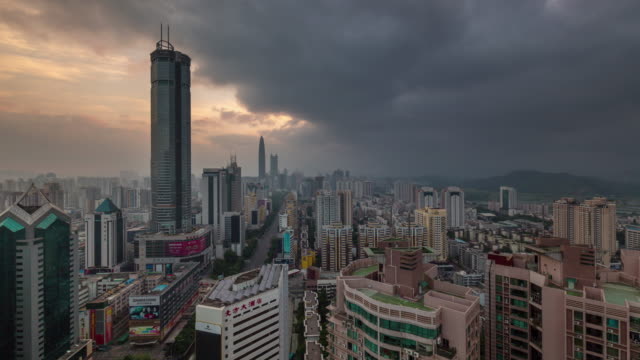 China-shenzhen-ciudad-amanecer-cubierta-superior-panorama-4k-lapso-de-tiempo