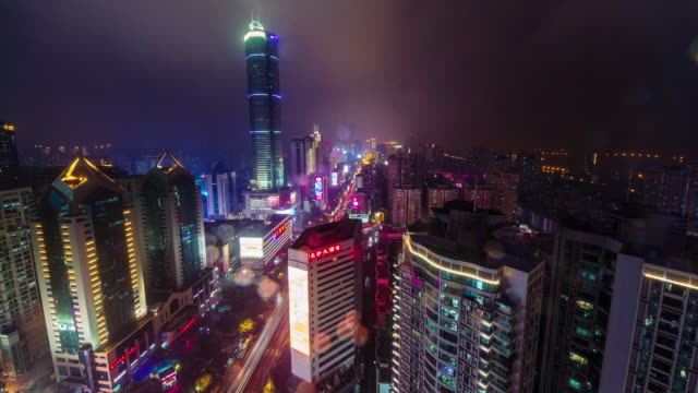 China-Nacht-Licht-Dach-Shenzhen-Stadt-Verkehr-Straße-Stadtbild-Panorama-4k-Zeitraffer