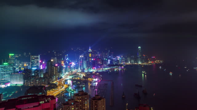 China-Hong-Kong-hohe-Nacht-Licht-Port-Bay-Panorama-4k-Zeitraffer