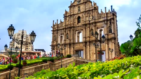 Ruinen-der-St.-Pauls-Kathedrale-Wahrzeichen-Travel-Ort-von-Macau-4K-Zeitraffer-(Neigung-bis)