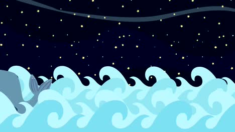 Ballena-de-dibujos-animados-nada-en-el-mar-sobre-un-fondo-estrellado
