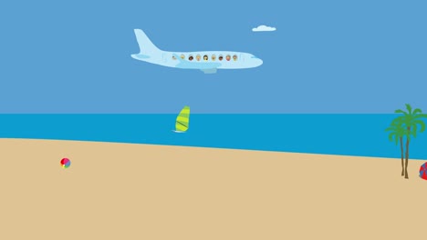 Airplane-flying-over-ocean-beach