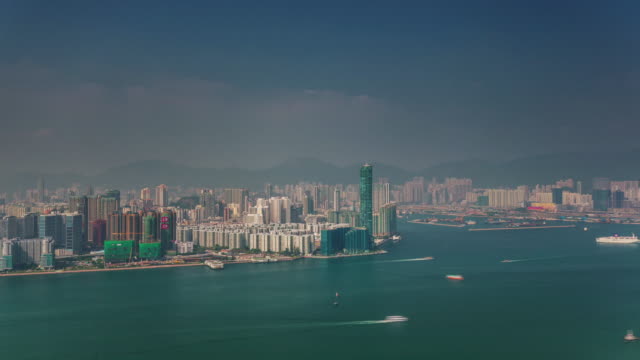 panorama-de-China-día-soleado-alta-azotea-hong-kong-Bahía-4k-lapso-de-tiempo