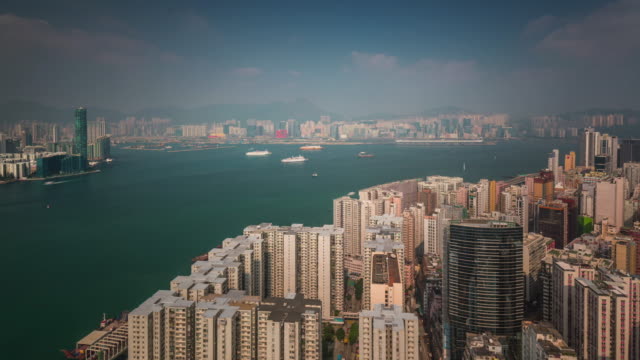 panorama-de-montaña-bahía-ciudad-China-día-soleado-hong-kong-4k-lapso-de-tiempo