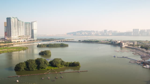 China-morgen-Macau-berühmte-Stadt-Bucht-Brücke-auf-dem-Dach-Panorama-4k-Zeitraffer