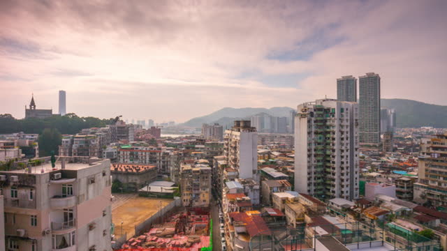 China-Sonnentag-Macau-auf-der-Dachterrasse-Stadtbild-Stadtpanorama-4k-Zeitraffer