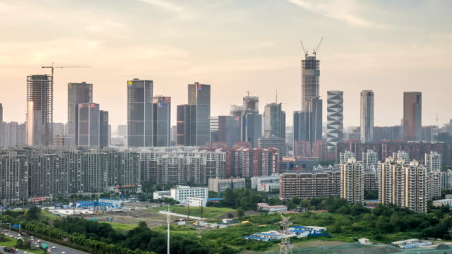 Zeitraffer-des-Stadtbildes-in-Nanjing-Stadt,-Hexi-Neustadt,-Sonnenuntergang,-china