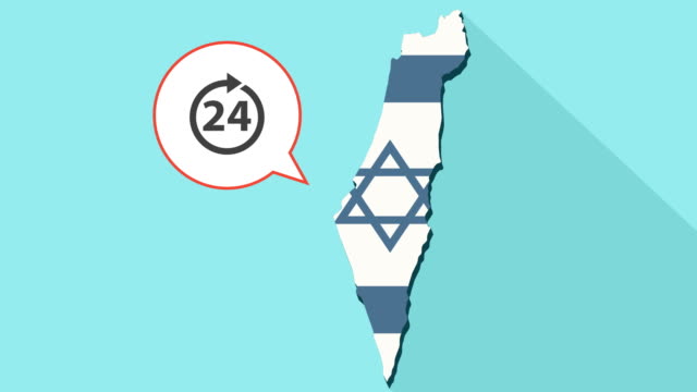 Animation-of-a-long-shadow-Israel-map-with-its-flag-and-a-comic-balloon-with-the-number-24-and-circle-arrow