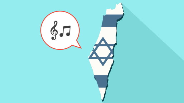 Animation-einer-langen-Schatten-Israel-Karte-mit-seiner-Flagge-und-eine-Comic-Sprechblase-mit-G-Clef-und-Hinweis-Musik