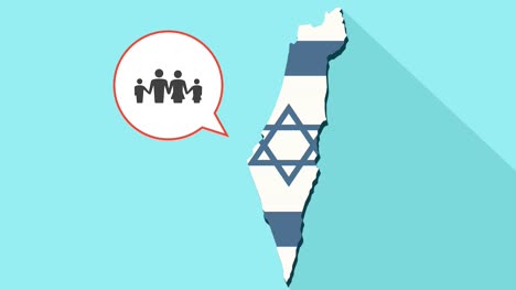 Animation-of-a-long-shadow-Israel-map-with-its-flag-and-a-comic-balloon-with-a-conventional-family-pictogram
