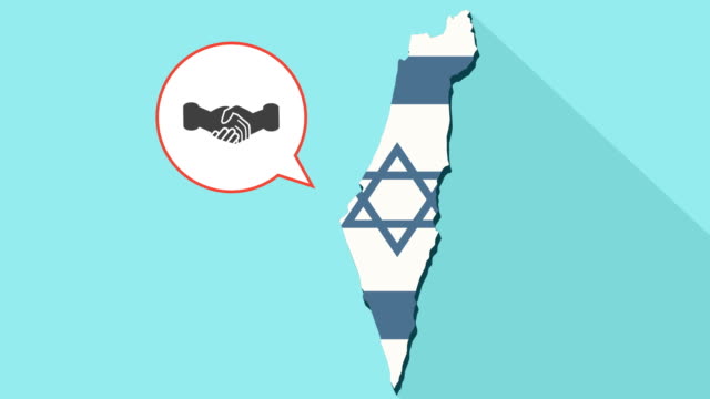Animation-einer-langen-Schatten-Israel-Karte-mit-seiner-Flagge-und-ein-Comic-Ballon-mit-einem-Handschlag