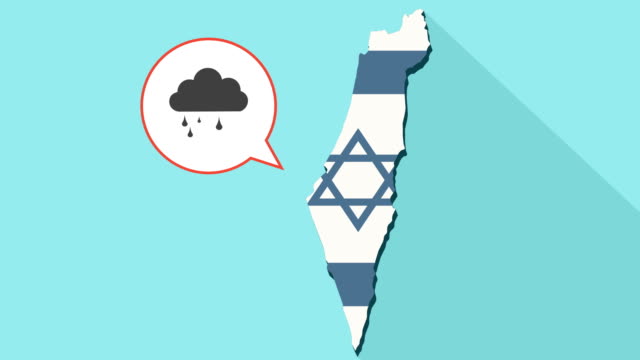Animation-einer-langen-Schatten-Israel-Karte-mit-seiner-Flagge-und-eine-Comic-Sprechblase-mit-einer-Wolke-und-Regen