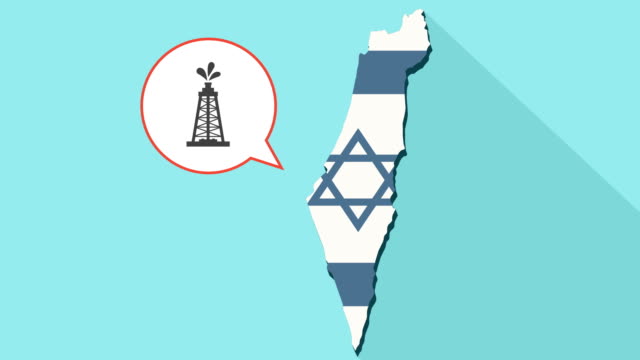 Animation-einer-langen-Schatten-Israel-Karte-mit-seiner-Flagge-und-eine-Comic-Sprechblase-mit-einem-Öl-Turm