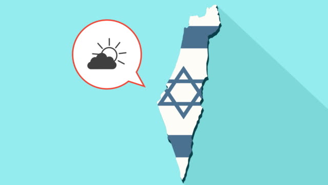 Animation-of-a-long-shadow-Israel-map-with-its-flag-and-a-comic-balloon-with-a-sun-shining-behind-a-cloud