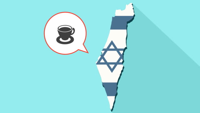 Animation-of-a-long-shadow-Israel-map-with-its-flag-and-a-comic-balloon-with-cup-of-coffee