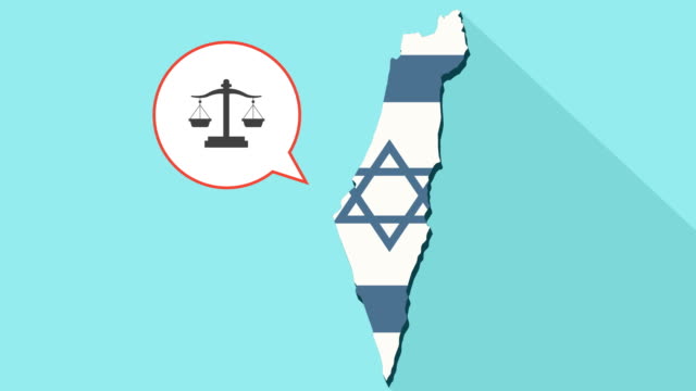 Animación-de-un-mapa-de-Israel-de-larga-sombra-con-su-bandera-y-un-globo-de-cómic-con-una-señal-de-escala-de-peso-de-justicia
