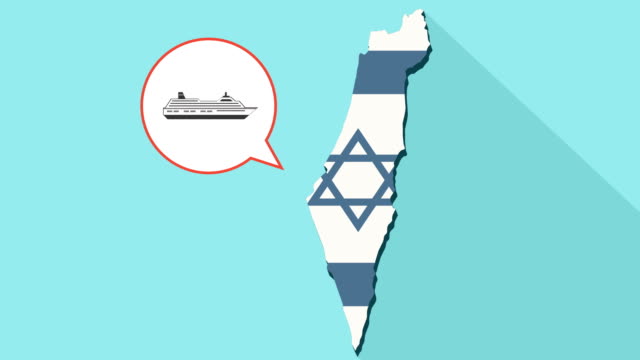 Animation-einer-langen-Schatten-Israel-Karte-mit-seiner-Flagge-und-eine-Comic-Sprechblase-mit-einem-Kreuzfahrtschiff
