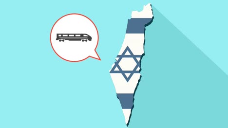 Animation-of-a-long-shadow-Israel-map-with-its-flag-and-a-comic-balloon-with-a-train