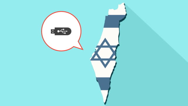 Animation-of-a-long-shadow-Israel-map-with-its-flag-and-a-comic-balloon-with-a-usb-flash-drive