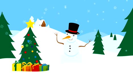 Paisaje-de-invierno-con-árbol-de-Navidad-y-muñeco-de-nieve