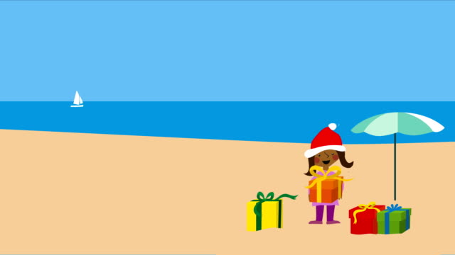 Weihnachten-am-warmen-Strand-mit-Mädchen-in-Nikolausmütze