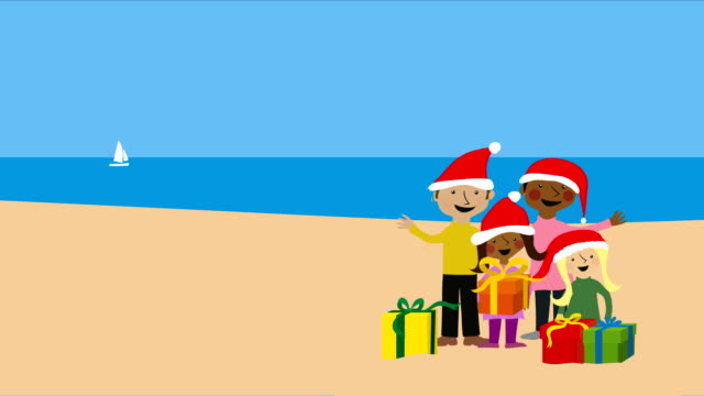 Navidad-en-Playa-caliente-con-familia-en-sombreros-de-santa