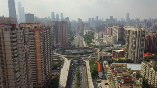 China-día-soleado-famoso-guangzhou-ciudad-tráfico-carretera-cruce-aéreo-panorama-4k