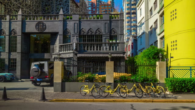 Shanghai-Stadt-Sonnentag-Luxus-Auto-Parkplatz-Straßenansicht-4k-Zeitraffer-Hotelporzellan