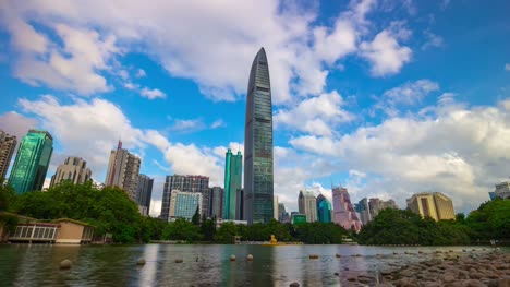blue-sky-sunny-day-shenzhen-city-park-lake-panorama-4k-timelapse-china