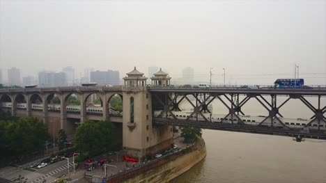 china-day-wuhan-city-famous-traffic-changjiang-bridge-bay-aerial-panorama-4k