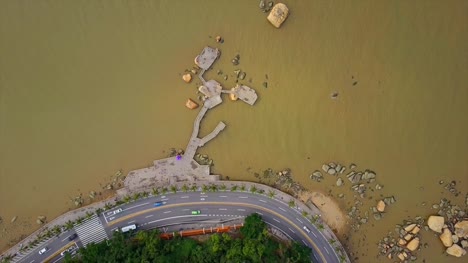 day-time-zhuhai-city-famous-fisher-girl-monument-bay-aerial-top-view-4k-china