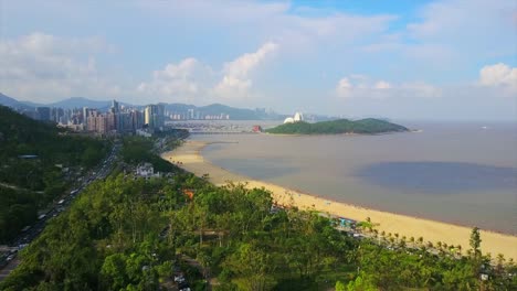 día-tiempo-zhuhai-city-Playa-Bahía-ópera-isla-panorama-aéreo-4k-china